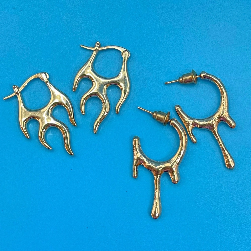 Gold Flame and Drip Hoop Earrings Set Women Gold Tone Abstract Edgy Punk Style